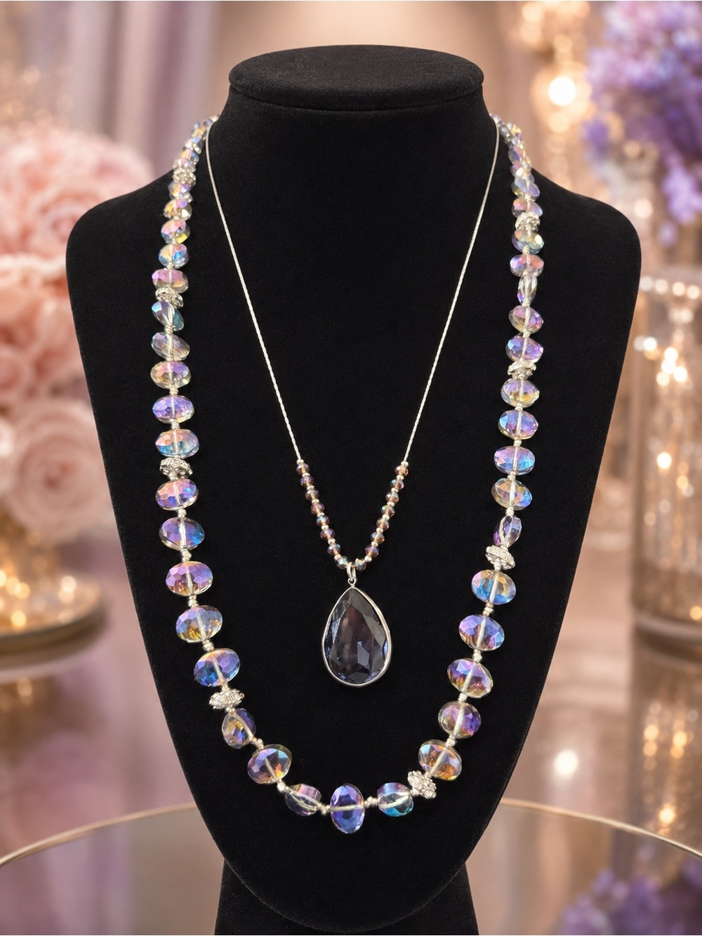 Iridescent Teardrop Pendant Necklace - Multi-Color